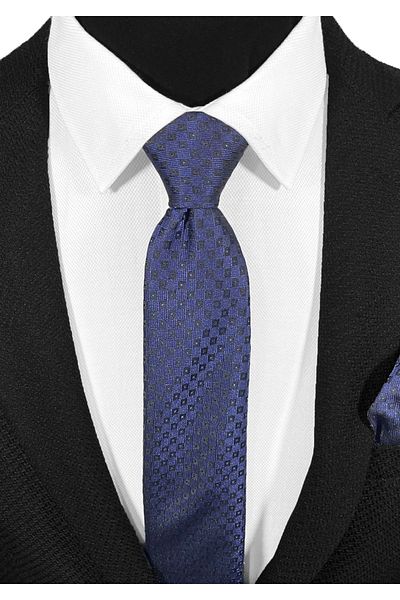 BLC Basic Line Co. Navy Blue Checkered Microfiber Classic Tie and Pocket Square Set on Black Background – 7 cm