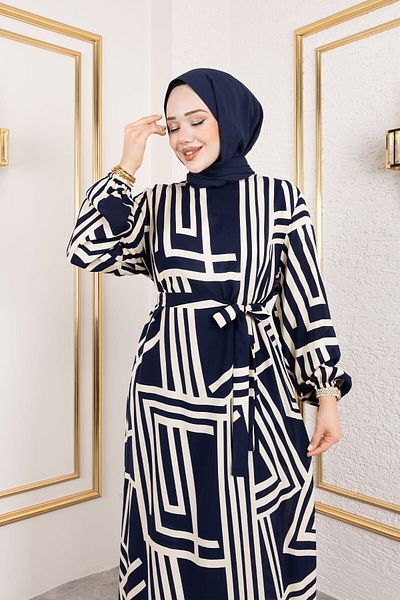 Tesettür Dünyası Φόρεμα με μοτίβο ρίγες βισκόζης TSD240943 Navy Blue