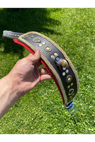 Sürmeli Tasma Kangal Dog Collar Genuine Leather Single Bell Yellow Stripe Large Breed