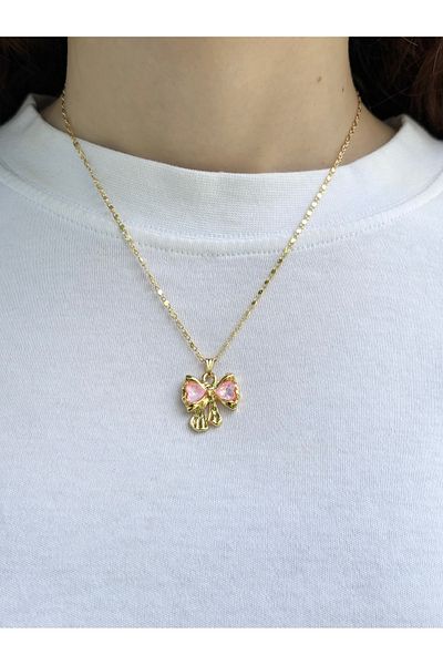 Eylülün Takısı Women's Gold Color Pink Stone Bow Necklace