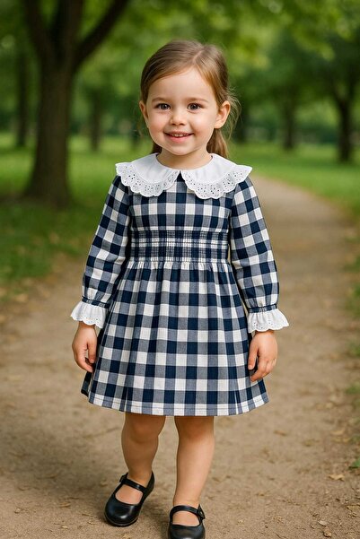 ALİSBUTİK kız çocuk kareli dantelli ekose elbise