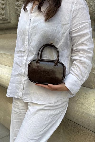 LEONAS Women's Shoulder Bag with Sewing Detail Canvas Strap Aden Shiny Bitter Brown