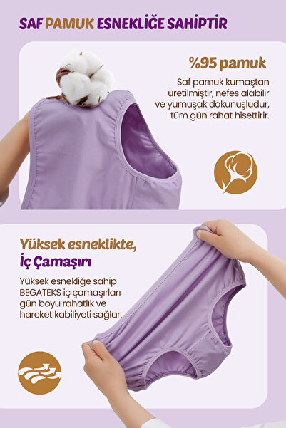 BEGATEKS Chiloți de damă cu talie înaltă, mărime mare, pachet de 5 - țesătură de bumbac, 7 opțiuni de culoare diferite