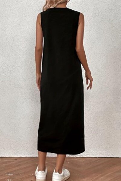 Mossta Sleeveless Basic Midi Viscose Dress -Black