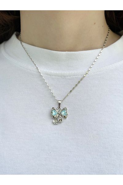 Eylülün Takısı Women's Silver Color Blue Stone Bow Necklace