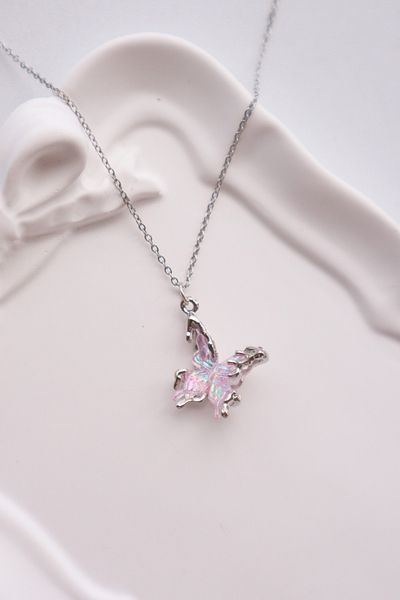 EFBUTİK Silver Color Chain Hologram Butterfly Imported Necklace