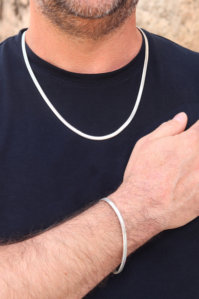 Midyat Nurtaş Gümüş 925 Ayar Gümüş Yılan Derisi Model Ezme Zincir Kolye ve Bi...