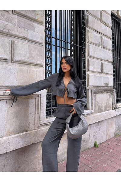 Ekim Store Crop Lace-Up Modal Shirt Pants Set