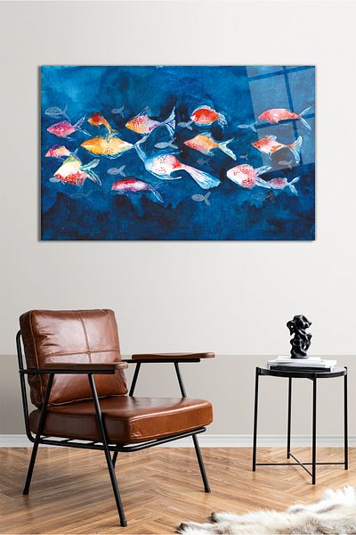 Vosevu Ilustrație de pește colorat pictură orizontală pe sticlă, decor modern pentru casă, decorare de perete cadou, rezistentă la spargere