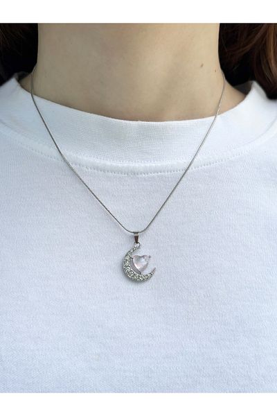 Eylülün Takısı Women's Silver Color Stone Moon Heart Model Necklace