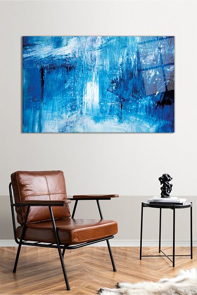 Vosevu Pictură orizontală din sticlă cu design albastru abstract, decor modern pentru biroul de acasă, decorare de perete pentru cadou, sticlă rezistentă la spargere