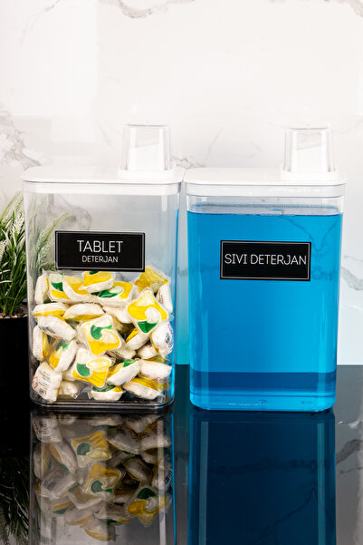 Dolkin Home 2'li Kendinden Ölçekli Deterjanlık Kutusu Seti Sıvı Deterjan Tablet Deterjan Etiketli 3000ml Mika