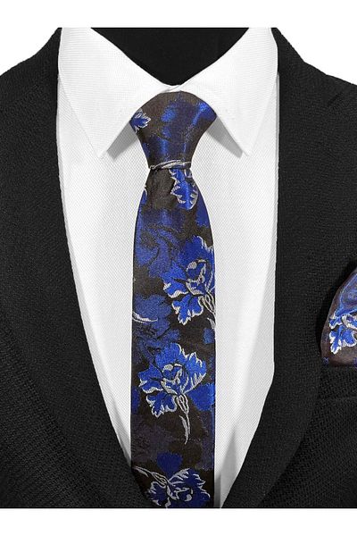 BLC Basic Line Co. Microfiber Tie and Handkerchief Set with Blue Floral Pattern on Black Background - 7 cm Modern Cut