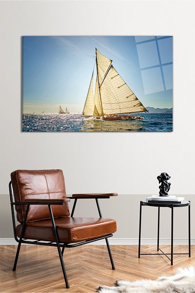 Vosevu Pictură pe sticlă orizontală cu barca cu vele în mare, decor modern pentru birou, decorare de perete cadou, sticlă rezistentă la spargere