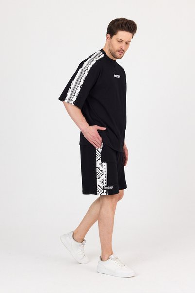 Hoodraze Men's Black White Shoulder Garnished T-Shirt Oversize