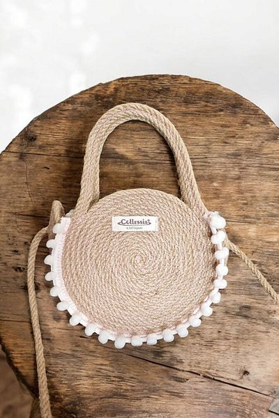 CollessiaHome Geanta de paie pentru copii mici lucrata manual Geanta din iuta cu pompon 16 cm