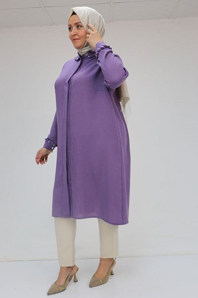 Eslina 58024 Large Size Collar and Sleeve Cuff Stoned Linen Tunic - Lilac
