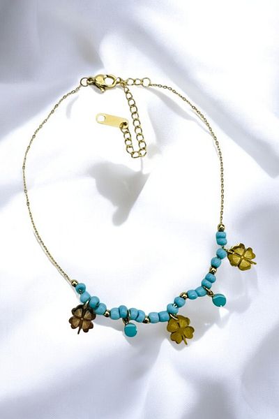 PETEK AKSESUAR Steel Uncertain Turquoise Beaded Clover Chain Anklet