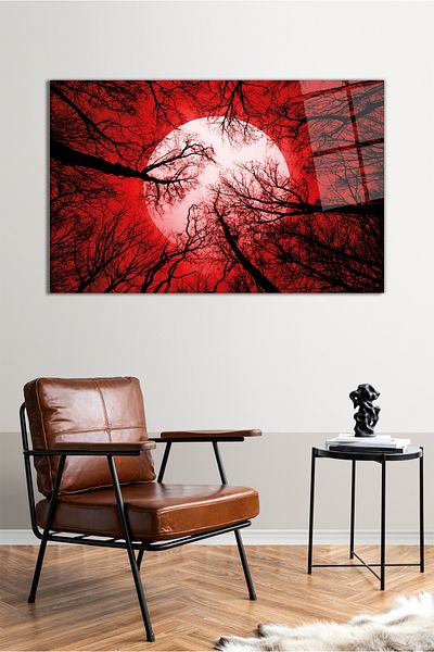 Vosevu Red Sky Forest and Moon Horizontal Glass Painting, Modern Home Office Decor, Gift Wall Decoration