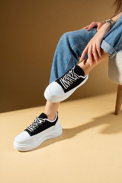 Pembe Potin White Black Women's Sports Sneakers Lace-up Casual Comfortable Sole Shoes