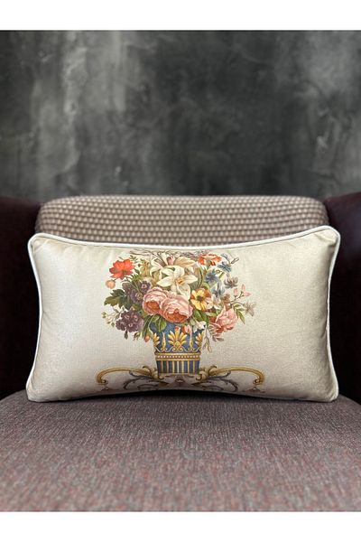 Fabricland Husă de pernă din catifea de mătase importată cu model damasc de culoare crem 30x50cm (MODEL DUBĂL)