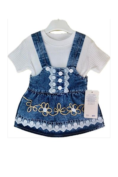 XORVİO Girl Child Baby Embroidery Detail Salopet 2 Li Set Blue Denim Skirt Short Sleeve T-Shirt Summer Cotton Dress