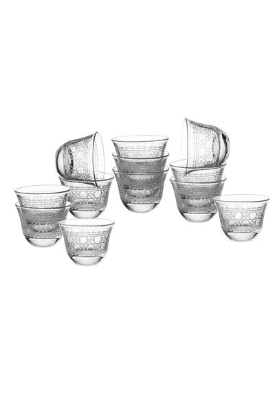 Byblos Saudi coffee cup set made of Turkish glass with laser engraving, 12 pieces, capacity 80 ml