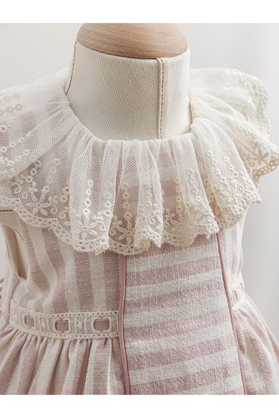 Tongs Baby Elegant Striped Baby Girl Dress - Powder Color Lace Detailed 100% Cotton