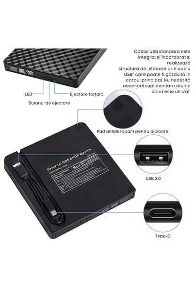 varioshop VarioShop® external CD / DVD optical drive, USB 3.0/Type-c, 8x, 24x, Slim design and anti-