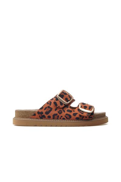 Mammamia Women's Genuine Leather Buckle Detailed Daily Slippers 25Y D25Yt-1445 Z Orange Leopard