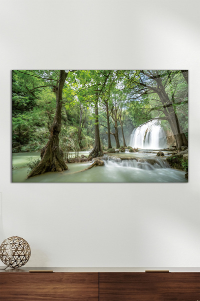 Vosevu Şelale ve Orman Yatay Cam Tablo, Modern Ev Ofis Dekoru, Hediyelik Duvar Dekorasyonu, Kırılmaz Cam