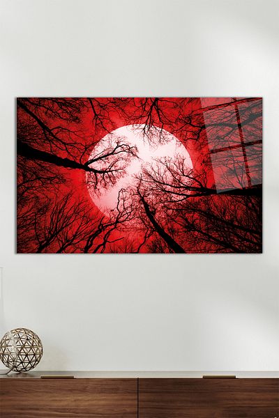 Vosevu Red Sky Forest and Moon Horizontal Glass Painting, Modern Home Office Decor, Gift Wall Decoration