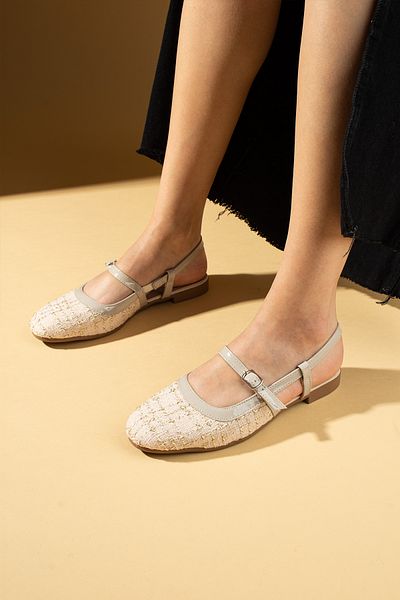 Pembe Potin Women's Mary Jane Beige Glitter Helmet Oval Toe Daily Comfortable Sole Ballerina Shoes