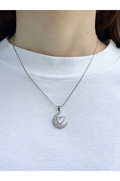 Eylülün Takısı Women's Silver Color Stone Moon Heart Model Necklace