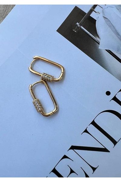 marsel aksesuar Gold Stone Charm Lock Zircon Stone Oval Earrings