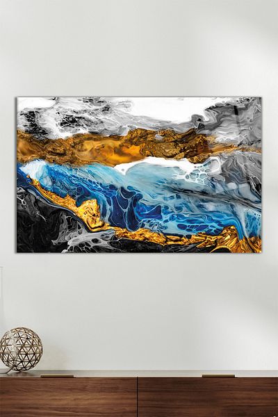 Vosevu Masa orizontala din sticla cu detaliu din aur albastru cu aspect de marmura, decor modern pentru birou, decorare pentru perete cadou