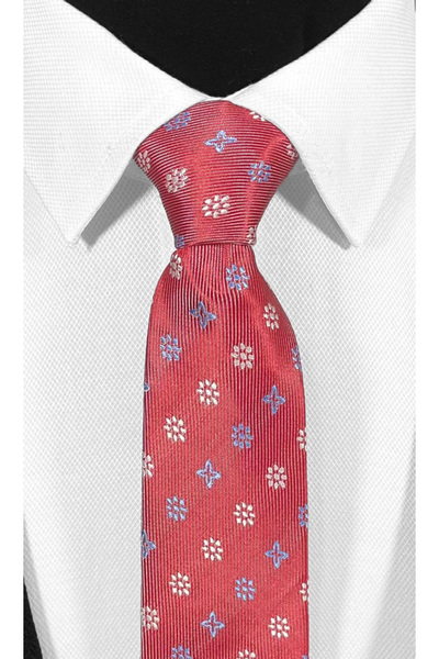 BLC Basic Line Co. Κομψή γραβάτα και μαντήλι από μικροΐνες με μπλε-λευκό μοτίβο λουλουδιών σε κόκκινο φόντο - 7 cm μοντέρνα κοπή