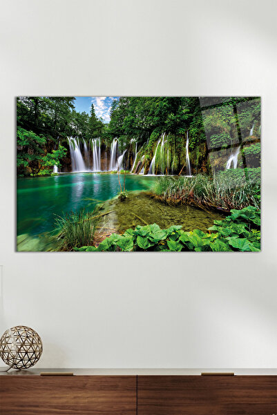 Vosevu Yeşil Doğa ve Şelale Yatay Cam Tablo, Modern Ev Ofis Dekoru Hediyelik ...