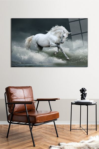 Vosevu Horse in Waves Horizontal Glass Painting, Modern Home Office Decor, Gift Wall Decoration, Unbreakable Glass