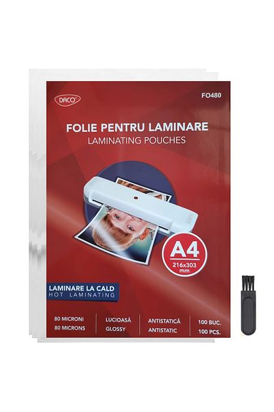 daço Laminating Sheet A4, 80 Micron, 100 Sheets/Set, DACO + Antistatic Brush FLR