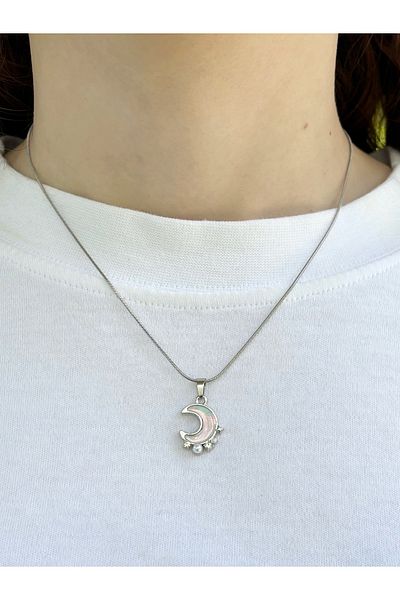 Eylülün Takısı Women's Silver Color Pink Stone Moon Necklace