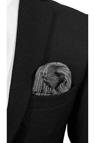 BLC Basic Line Co. Set cravată clasică și batistă de buzunar din microfibră cu dungi rupte negru și gri – 7 cm