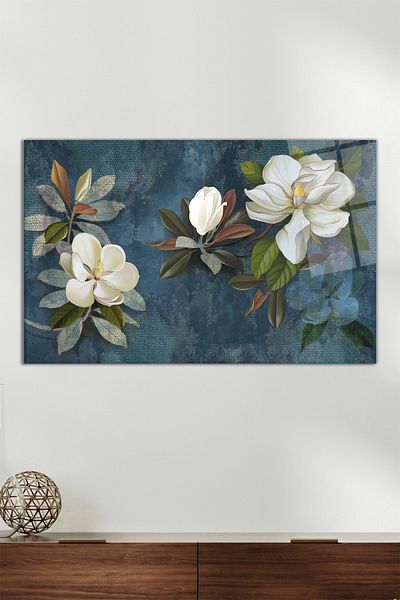 Vosevu Ilustrație de flori albe Pictură orizontală pe sticlă, Decor modern pentru casă, Decorare de perete pentru cadou, Rezistent la spargere