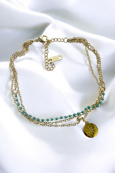 PETEK AKSESUAR Steel Uncertain 3 Rows Turquoise Beaded Chain Anklet