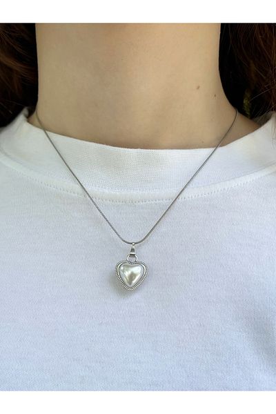 Eylülün Takısı Women's Silver Color Pearl Heart Necklace