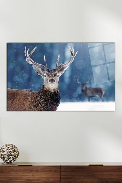 Vosevu Pictură pe sticlă orizontală de cerb de iarnă, decor modern pentru birou, decorare de perete pentru cadou, sticlă rezistentă la spargere