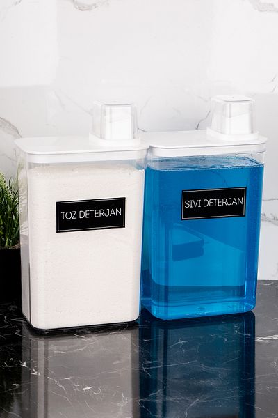 Dolkin Home Set of 2 Detergent Dispenser Boxes Powder Detergent Liquid Detergent Storage Box with Label 3000ml Detergent Set
