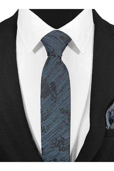 BLC Basic Line Co. Black and Blue Melted Striped Microfiber Classic Tie and Pocket Square Set – 7 cm
