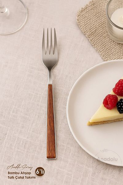 Anadolu Saray 6 Pieces Wooden Bamboo Look Plastic Detailed Dessert Fork Set |   6 Piece Luxury Dessert Fork Set