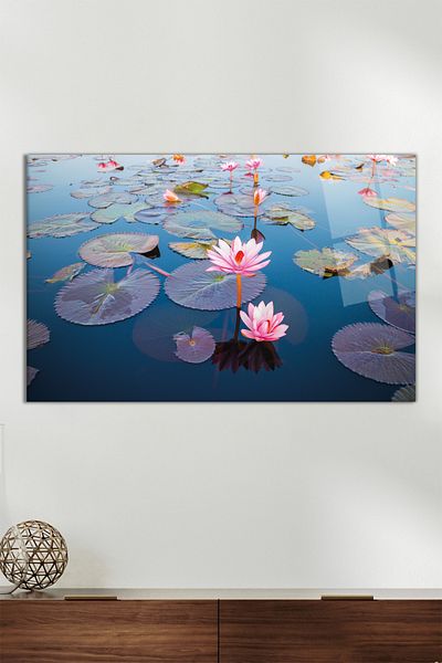 Vosevu Pictură pe sticlă orizontală cu flori de lotus roz, decor modern pentru birou, decorare de perete pentru cadou, rezistentă la spargere